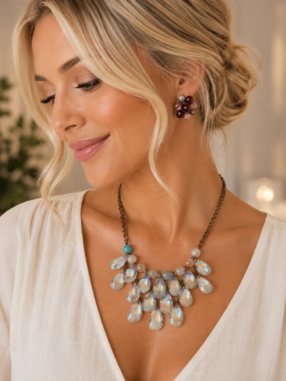Vintage Multicolored Iridescent Faux Crystals Bib Necklace W/ Gold Tone Chain